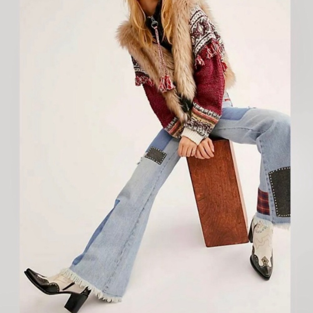 Free People Mix Plaid Slim Flare Jeans - Picture 2 of 13